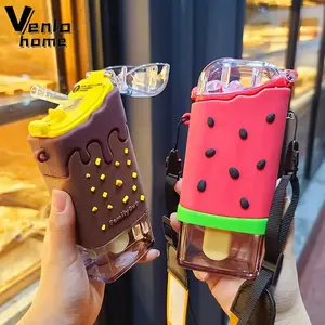 Cute Ice Cream Plastic Water Bottle With Straw Strap Popsicle Water Bottle Watermelon Kettle Leakproof Tritan Bottle BPA Free Travel Water Bottle Reusable Bottles