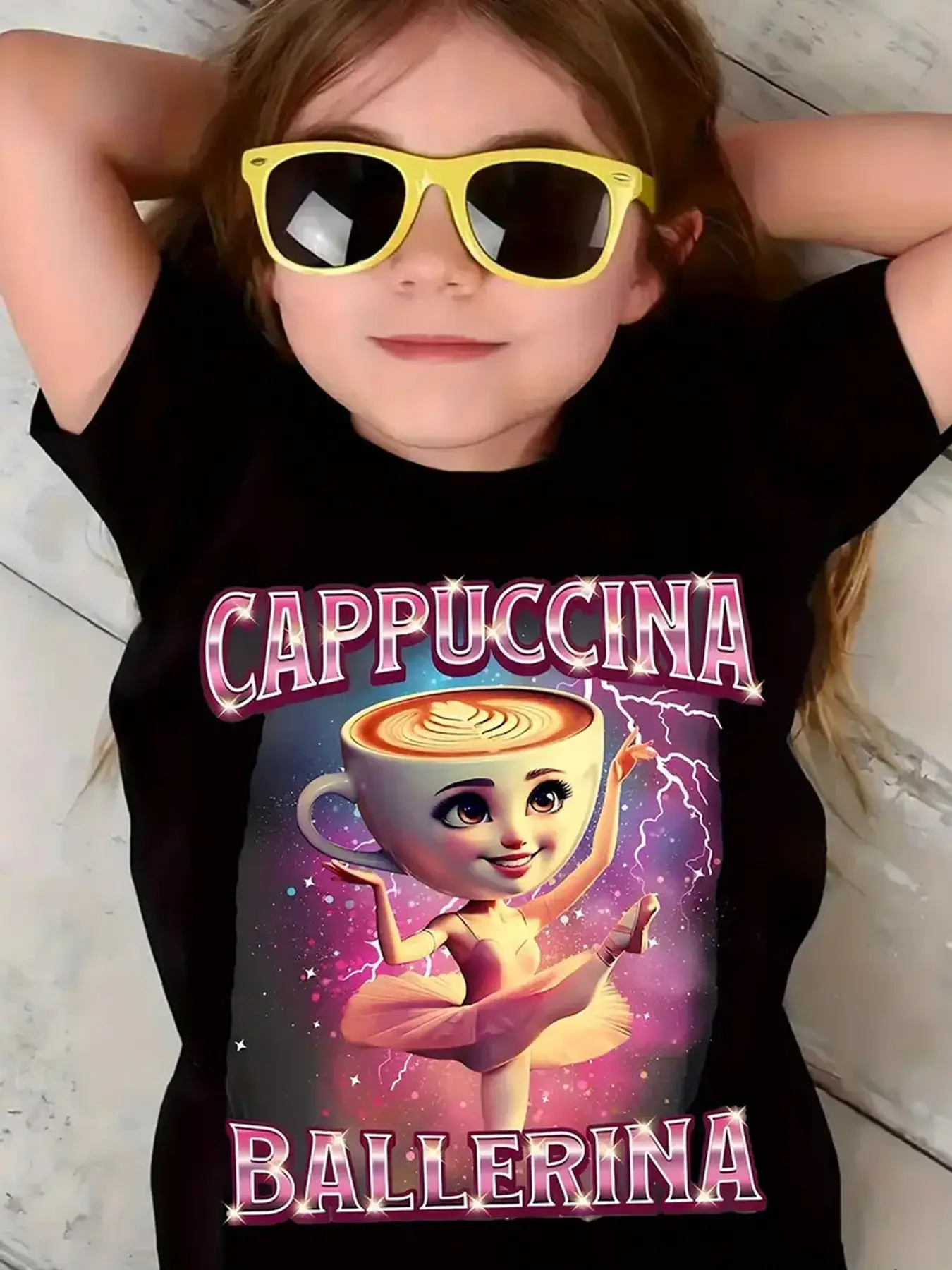 Girls Summer Fashion Cappuccino Coffee Print Short Sleeve T-Shirt, Casual Outdoor Wear, Comfortable Fit, Moderate Fabric Thickness