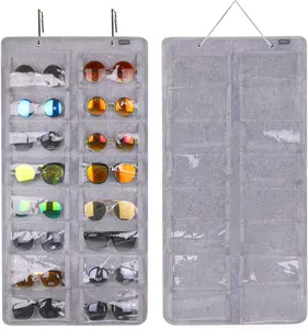 AROUY Sunglasses Organizer Storage, Hanging Dust Proof Wall Pocket Glasses Organizer - 16 Felt Slots Sunglass Organizers Holder with Metal Hook and Sturdy Rope (Gray, Dust Proof)