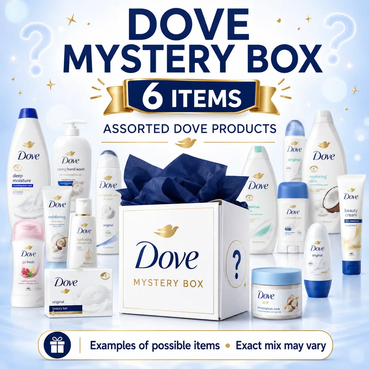 Dove Mystery Box 6 Items, Assorted Dove Personal Care Products, Mixed Scents & Item Types May Vary