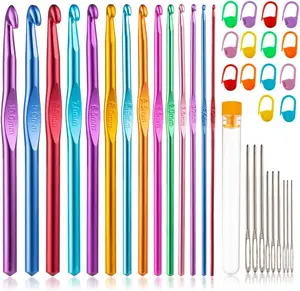 37 PCS Crochet Hooks Set, High Quality Coloured Aluminum Ergonomic Handle Crochet, Hook Needles for Arthritic Hands, with Stitch Markers and Large-Eye Blunt Needles