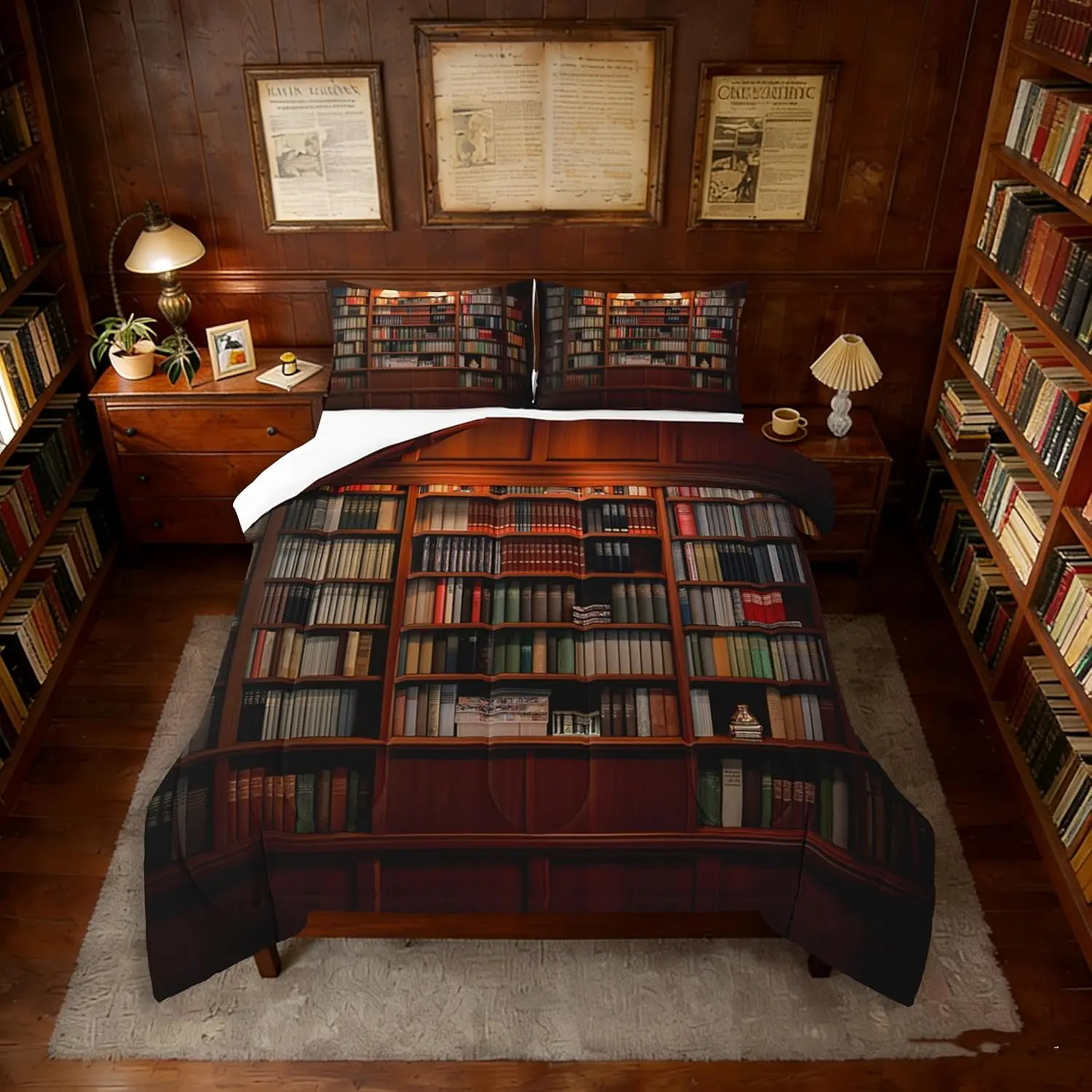 Library Bookcase Comforter Set Vintage Library Books Bedding Set for Kids Boys Girls Duvet Quilt Retro Bookshelf Academic Collection Bedroom Decor