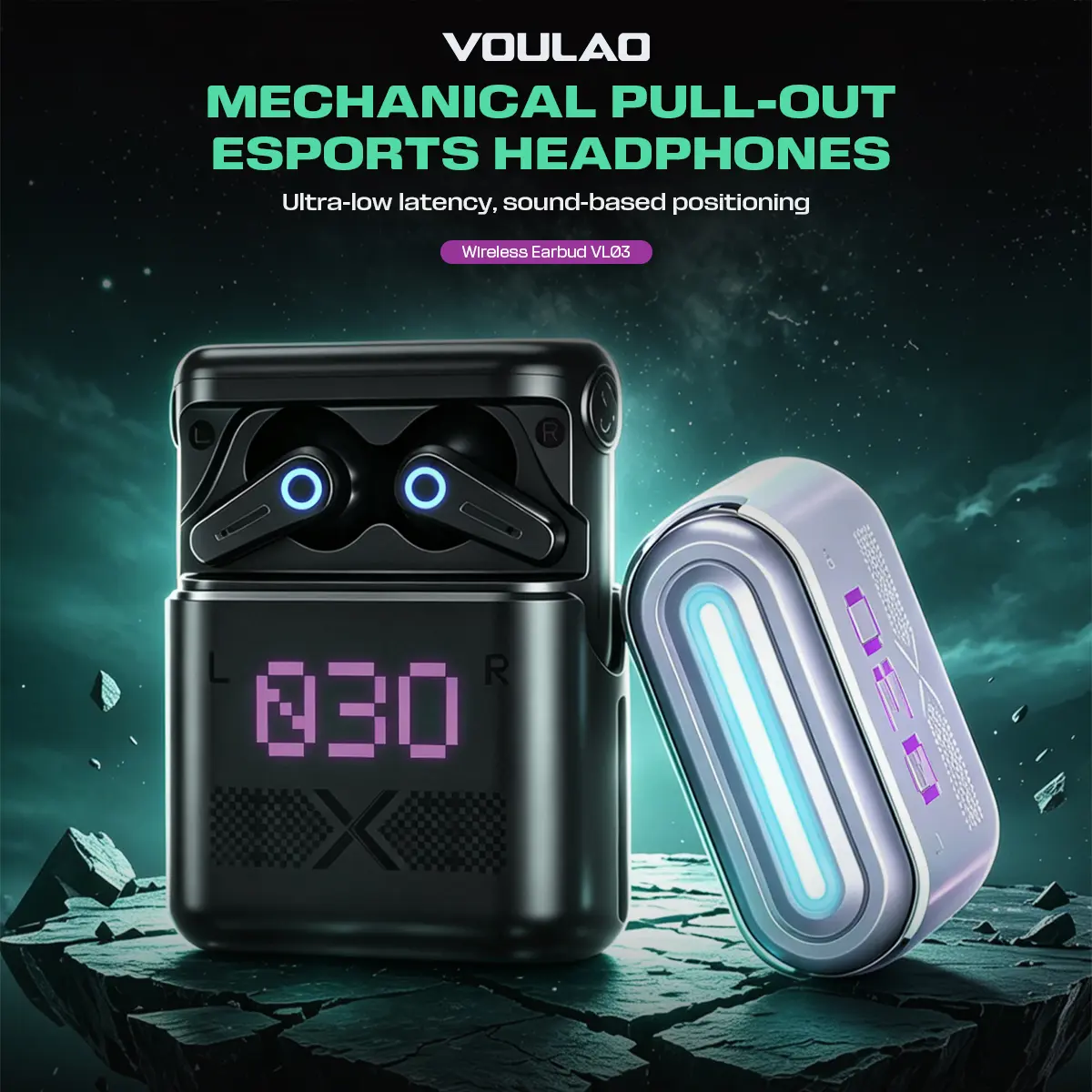 VOULAO VL03 Gaming Earbuds Mechanical Pull Out 38ms Ultra Low Latency Audio Sync, Digital Power Display Charging Case, Smart Touch Control, IPX5 Sweatproof Waterproof, Long Standby Battery, Immersive 3D Surround Sound for Mobile Gaming & Daily Calls