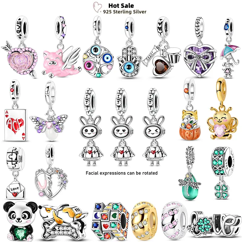 925 Sterling Silver Charm Beads with Lucky Clover, Rabbit, Robot & Golden Designs for DIY Jewelry Bracelets, Birthday Gift