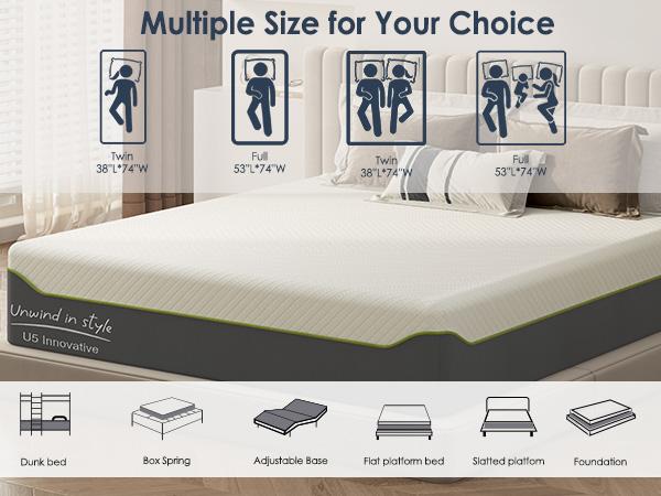 Soges Green Tea Gel Memory Foam Mattress 4-14 Inch, Twin/Full/Queen/King Size with Pressure Relief, Washable Cover, Medium Firm for Adults & Teens, Blue/Light Grey/Dark Green