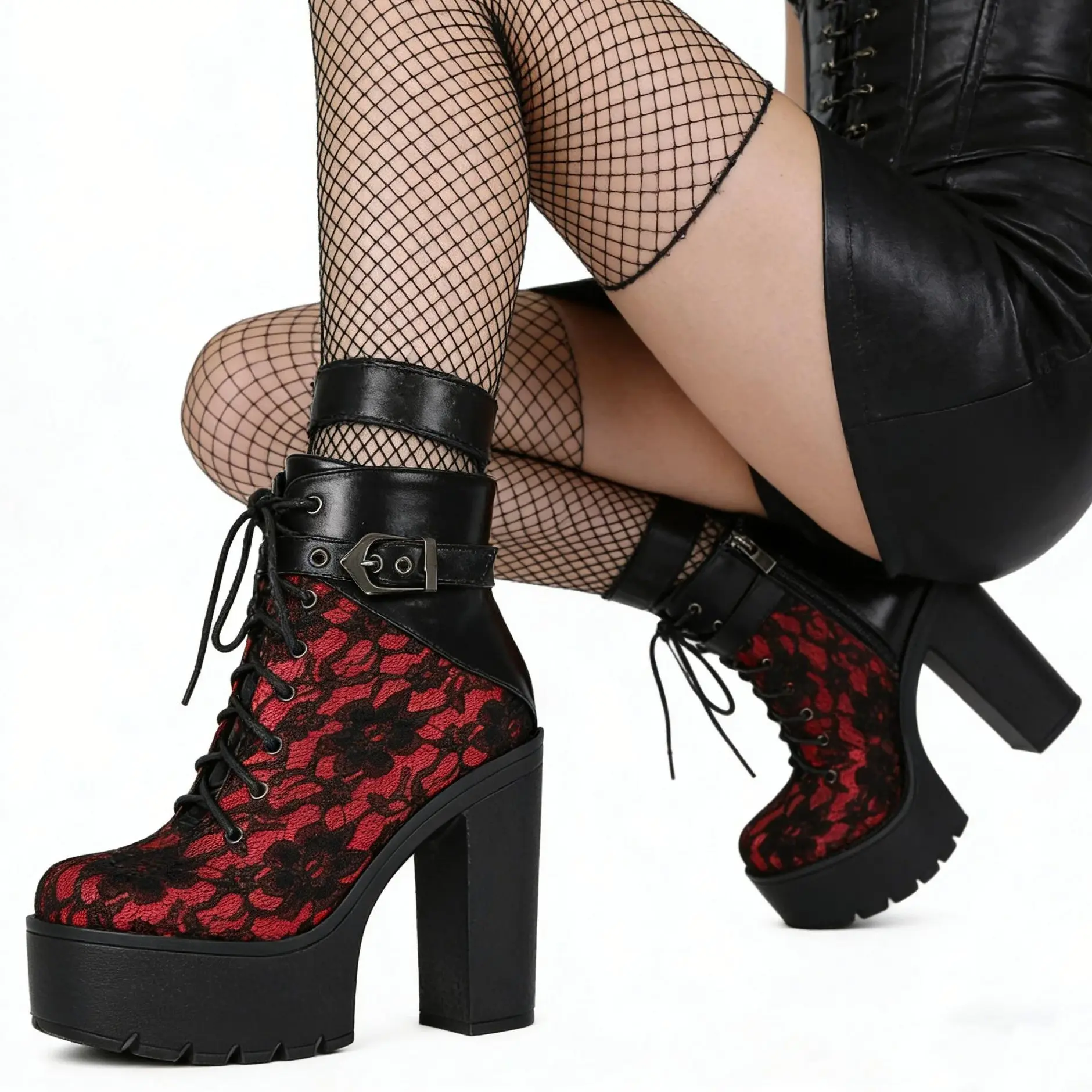 Women's Gothic Platform Combat Boots, Mid-Calf Lace-Up with a Chunky Block Heel and Contrasting Red Laces, Footwear, Shoes, Casual Wear, Statement Shoes