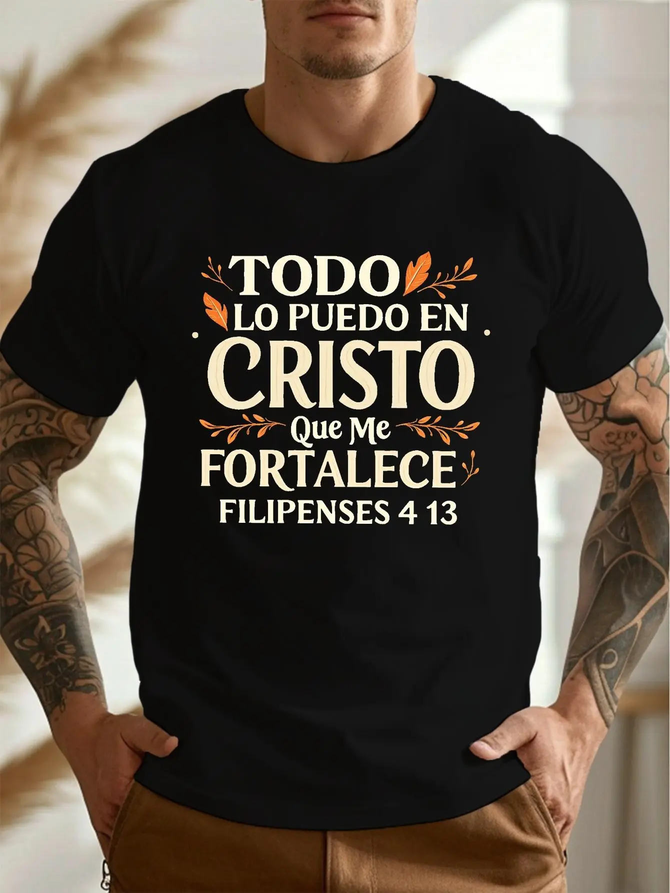 Men's Philip 4:13 Inspirational Quote T-Shirt- Black Crew Neck Short Sleeve T-Shirt with Spanish English Bible Print Lightweight Summer Casual Top Christian Faith Comfortable Clothing Stron Jesus Saved Shirt Church T-shirt Blessing T-shirt