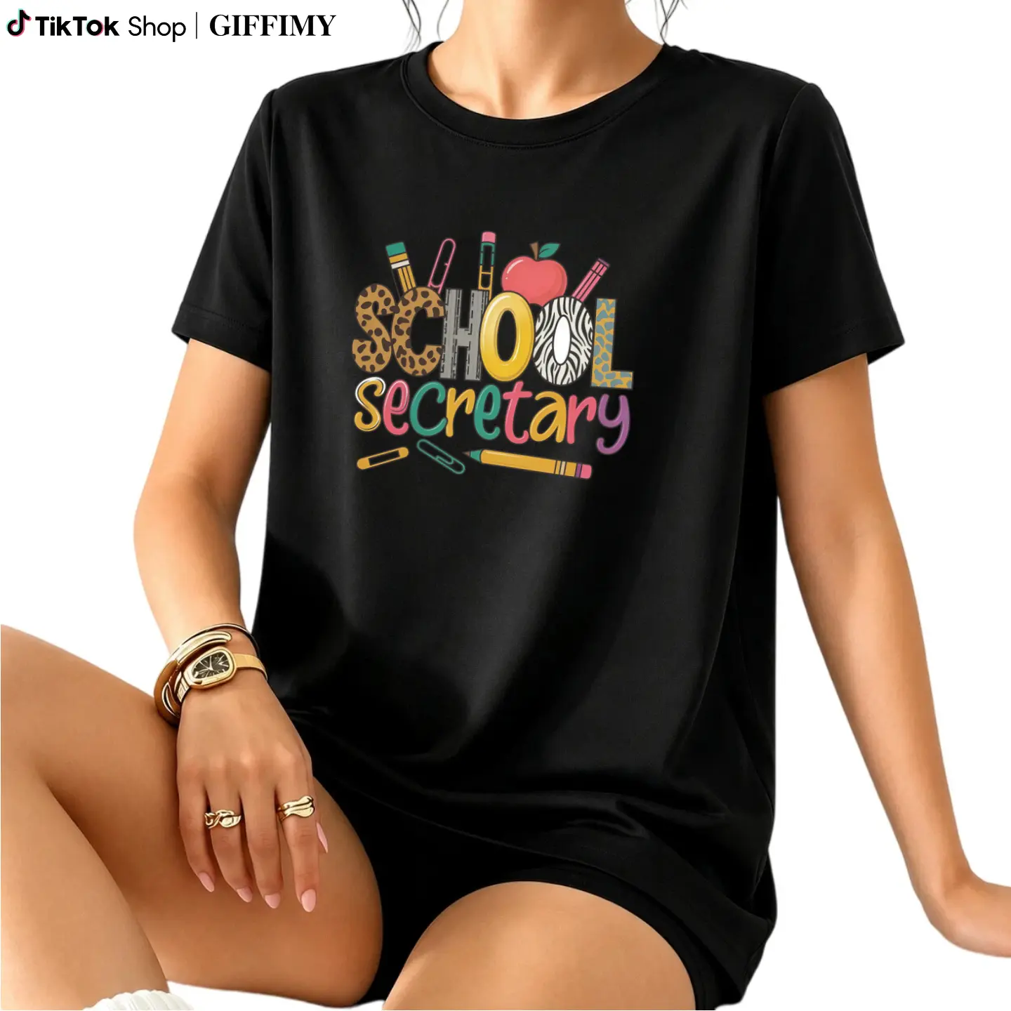 Women'S Secretary Graphic T-Shirt - Themed Lettering with Icons (Pencils, Books, Apples) - Casual Round Neck Short Sleeve Top for Educators, Staff & Professionals Cotton Fits