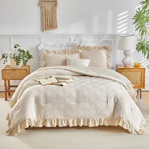 Tufted Ruffle Comforter Set Full/Queen Size, 3 Pieces Beige Ruffled Farmhouse Comforters, Luxury Color Soft and Embroidery Boho Bohemian Bedding Set (1 Comforter + 2 Pillowcases)
