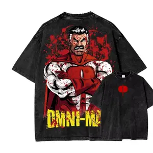 Retro Washed Black Oversized T-Shirt, Invincible Omni-Man "Blood Splatter" Superhero Graphic Print, Casual Short Sleeve, Unisex Streetwear for Men & Women, Loose Fit for Outdoor & Daily Wear