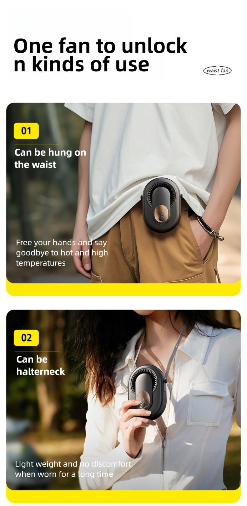 HOOYS Portable Leafless Fan, 5 Speed Mini Waist Fan, USB Rechargeable, Quiet Cooling for Travel, Outdoor & Commute, Phone Cooler