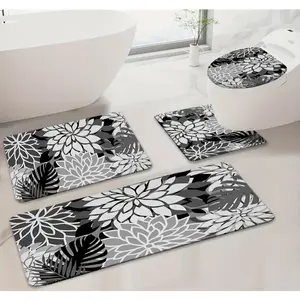3/4pcs Bathroom Non-Slip Mats in Black And White Floral Design (Made of Flannel Material, 0.47inch Thick Sponge), Anti-Slip, Bathroom Carpet, The Set Includes a Bathroom Carpet And a Contour Mat, Perfect for Home Use