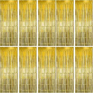10 Pack Gold Fringe Curtain Party Backdrop Gold Tinsel Backdrop Decoration Supplies for Birthday Holidays Parties & More