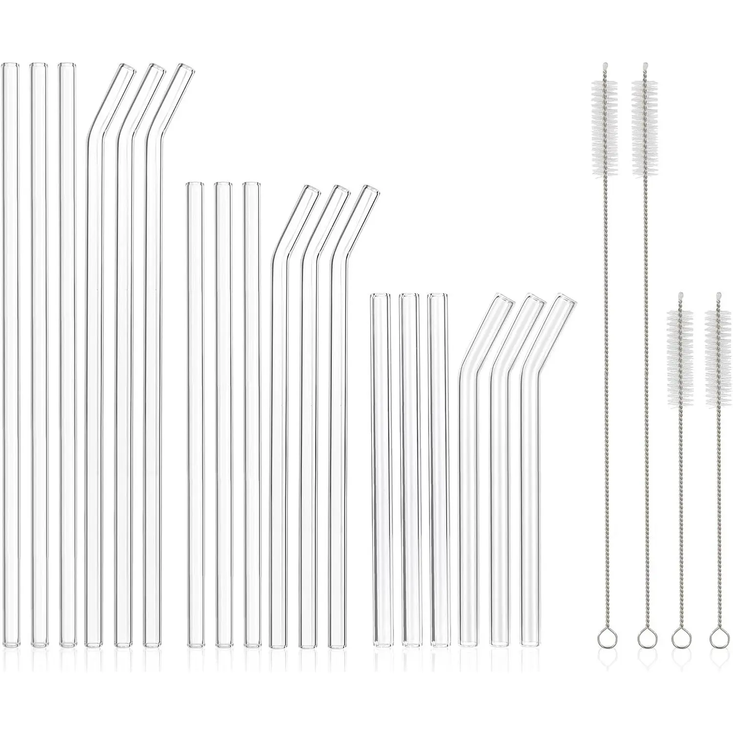 [22 Pcs]  Glass Straws Shatter Resistant - Size 12"x8mm,9"x8mm,6"x8mm Including 9 Straight and 9 Bent Clear Glass Straws with 4 Cleaning Brush for 20 30 40 oz Tumblers,,Coffee,Juice