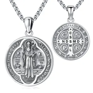 DRINSPER Medalla de San Benito Necklace 925 Sterling Silver Necklace, Saint Benedict Necklace, San Benito, Christian Medal for Men, Religious Amulet Jewelry for Protection, Protection Jewelry for Men Women