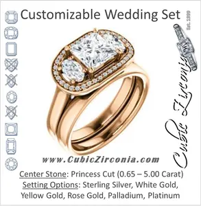 CZ Wedding Set, featuring The Nettie engagement ring (Customizable Enhanced 3-stone Halo-Surrounded Design with Princess Cut Center, Dual Oval Cut Accents, and Decorative Pavé-Accented Trellis)