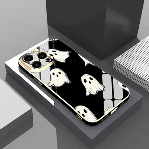 Ghost Pattern Phone Case for iPhone 16 15 14 Pro Max 13 12 11 XR XS Plus Electroplated Golden Edge Shockproof Full Camera Protection Durable Slim Silicone Cover