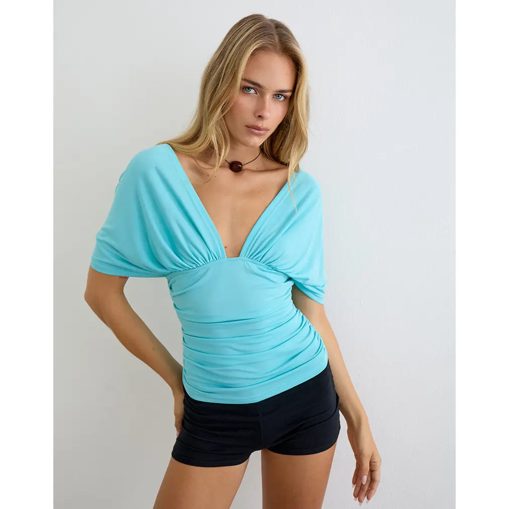 Vernia Plunge Batwing Top in Cupro Aqua