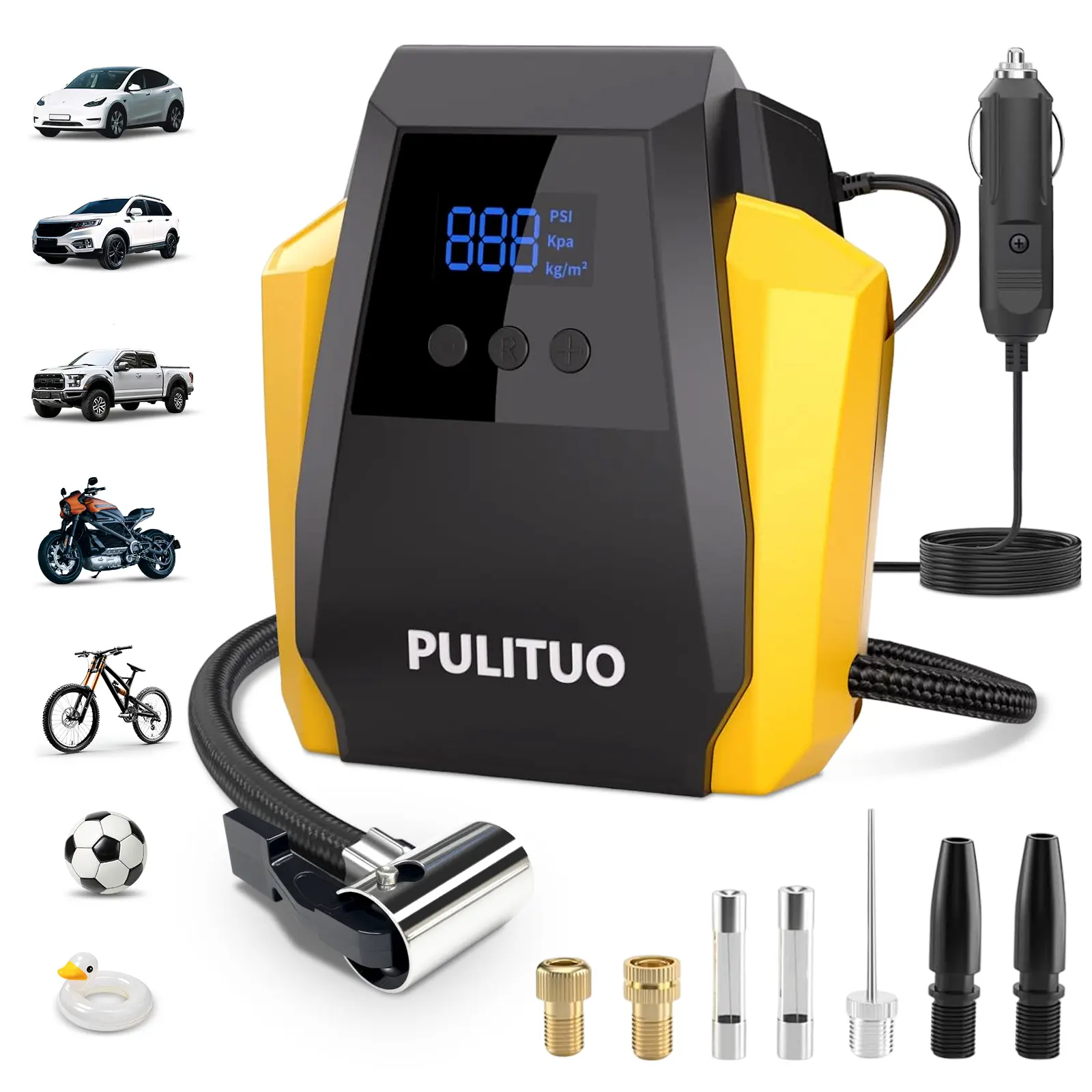 12V DC Portable Tire Inflator Air Compressor Tool - Compact Design, 150PSI Digital Pressure Gauge, LED Night Readout, Overheat Guard, Pneumatic Valve, for Vehicle Tires, Motorcycles, Balls, Toys, Cells