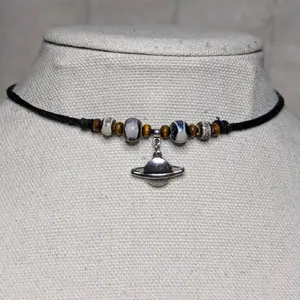 Ceramic Beaded Planet Charm Silver Boho Hippie Whimsical Adjustable Black Rope Cord Choker Stacking Necklace
