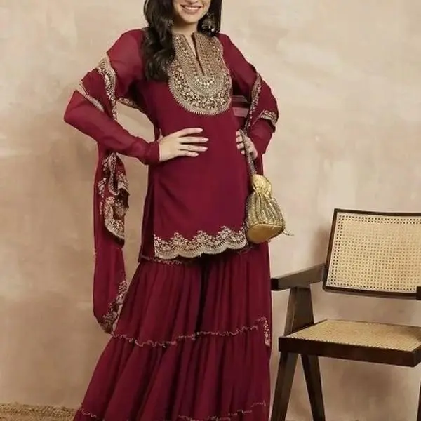 Designer georgette embroidery threads and sequence work top sharara with dupatta in maroon