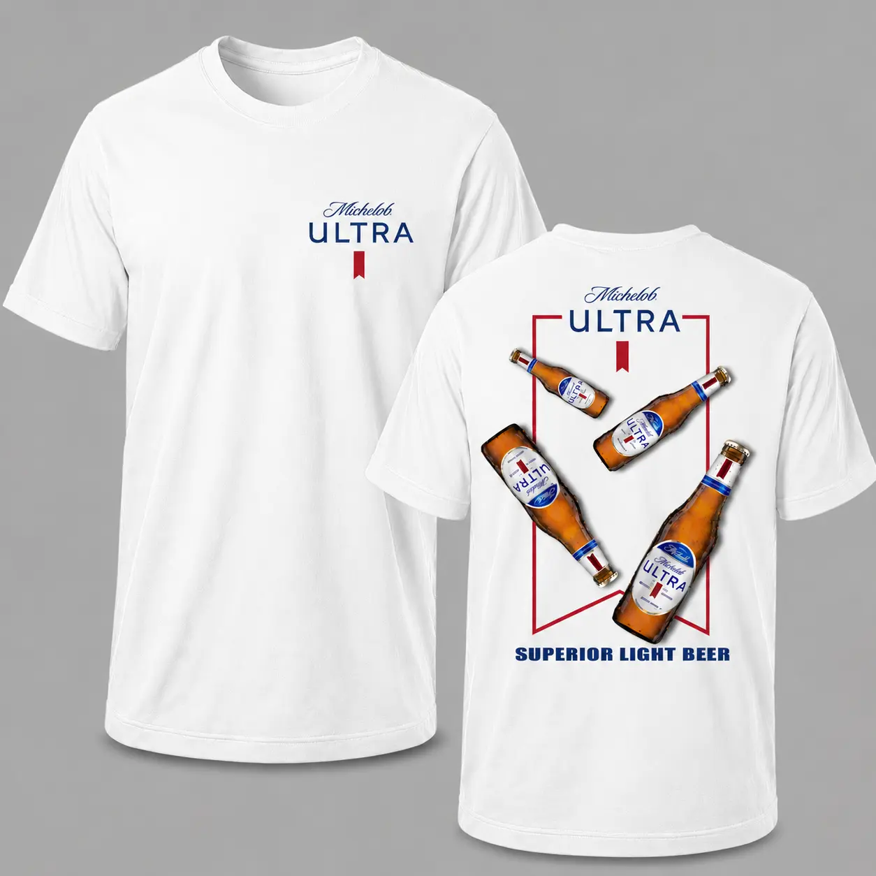 Vintage Michelob Ultra Beer Bottle Graphic Tee, Superior Light Beer Front and Back Print T-Shirt, Comfortable Cotton Crew Neck, Summer Party Shirt for Beer Fans