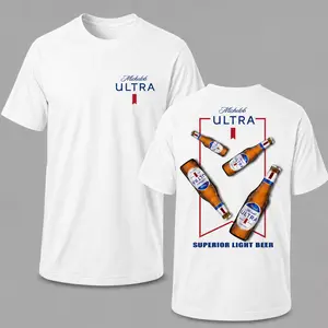 Vintage Michelob Ultra Beer Bottle Graphic Tee, Superior Light Beer Front and Back Print T-Shirt, Comfortable Cotton Crew Neck, Summer Party Shirt for Beer Fans
