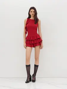 Cider Women's Boat Neck Ruched Ruffle Hem Layered Micro Romper (Sizes 2-10)