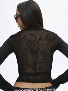 BABYPHAT Jersey Button Down Blouse With Mesh Back Detail And Script Graphics For Fall Winter Season