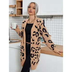 Women's Leopard Print Knit Cardigan, Vintage Slimming V Neck Long Sleeve Sweater Coat, Casual Lazy Style Pullover Outerwear