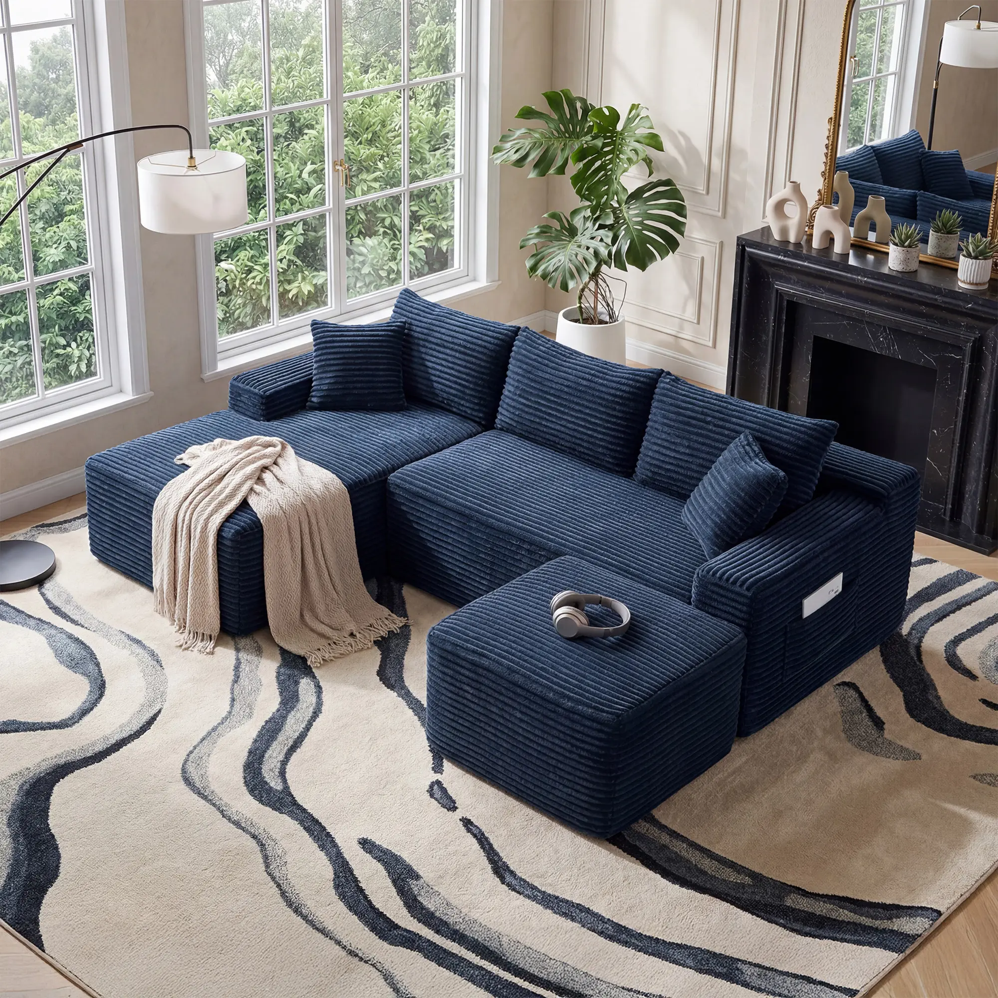 Niccae Small-Scale U-Shaped Compact Modular Sectional Sofa — Textured Corduroy Fabric, Modern Minimalist Style, Ultimate Comfort, Space-Saving, No Assembly Required, Convertible to Bed, Living Room Sofa, Couch For Living Room, Living Room Couch