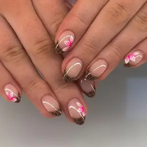 24pcs Short Oval Leopard Print Flower French Acrylic Press-On Nails Set, Includes Jelly Glue and Nail File, Easy Wear, Perfect for Parties