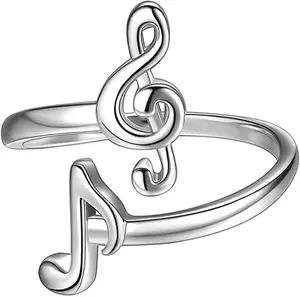 Musical Note Adjustable Rings Silver/18K Gold/Black Gun Plated Love Heart Treble Clef Music Note Open Ring Jewelry Gifts for Music Lover