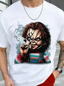 TikTok Viral Chucky Graphic Tee Men Oversized Streetwear Horror Print Short Sleeve Y2K Aesthetic Cool Casual Unisex Top | Trending Horror Movie Fan Apparel for Daily & Street Style