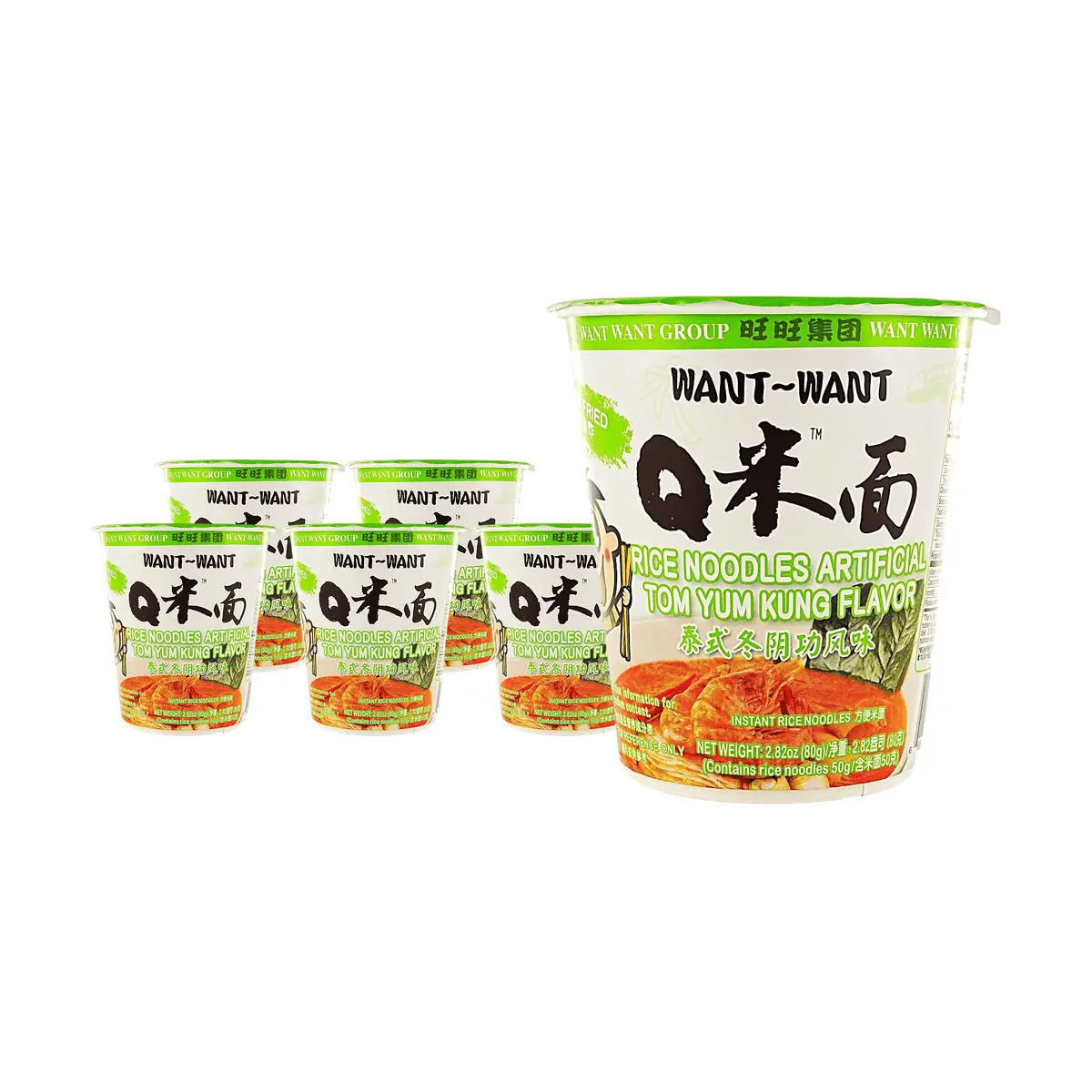 WANT WANT Thai Tom Yum Q Rice Noodles - Non-Fried Instant Rice Vermicelli, 6-Pack (80g x 6), Authentic Taiwanese Flavor for Quick Meals & Snacks