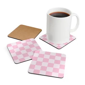 Pink Checker Pattern Corkwood Coaster Set - Girly Set of Coaster - Classic Pink Checker Pattern