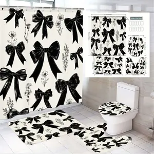 1/4pcs Elegant Vintage Bathroom Decor Set with Cream Shower Curtain Featuring Black Bow and Wildflower Design, Coordinating Toilet Lid Cover, Bath Mat, and U-Shaped Toilet Base Mat for a Romantic Coquette Aesthetic