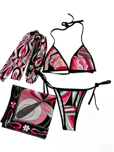 XS-XL Luxury Women's Floral Silk Bikini Set - Bohemian Beach Swimwear with Scarf & Headband Soft Smooth Adjustable Swimsuits for Women Summer Beach, swimming pool