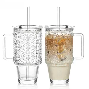 Glass Tumbler with Straw & Lid, Clear Smoothie Cup with Handle, Reusable Tumbler for Beverages, Drinkware for Home Office, Stylish Glass Cups, Bottles