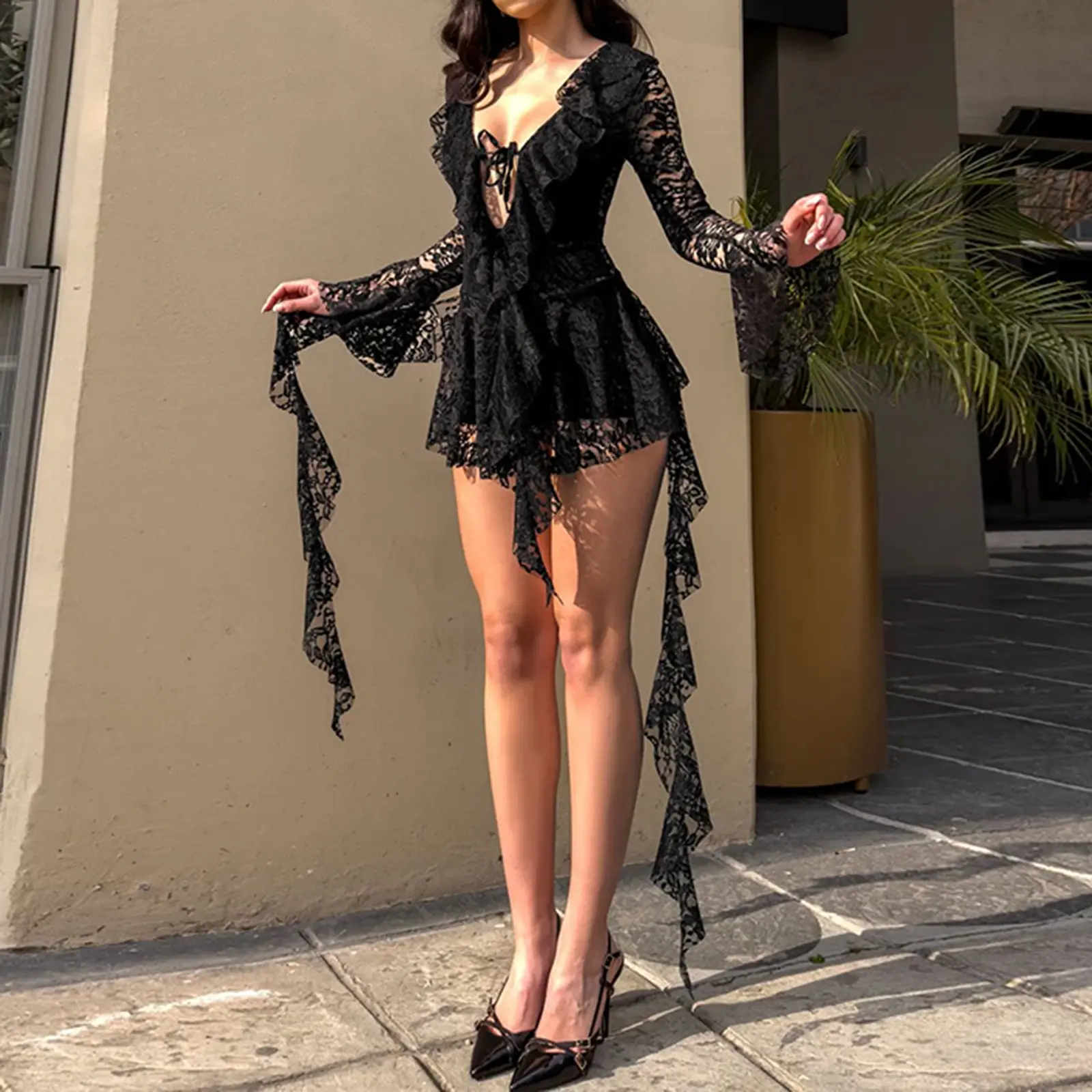Women's Lace Mini Dress Long Sleeve Deep V Neck Tie-up Front Ruffle Dress  Short Flowy Dress tiktokshopspringglowup - TikTok Shop
