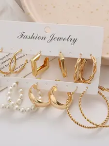 12pcs Women Earrings Set, Fashion Elegant Vintage Punk Metal Geometric Braided Faux Pearl Hoop Earrings Multi-Piece Earrings Set, Suitable For Couples, Sisters, Vacation, Date, Daily, Party, Wedding, Valentine's Day Gift For Friends And Girlfriend