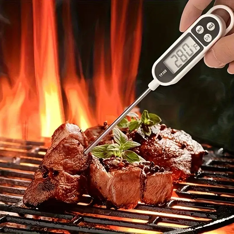 Digital Stainless Steel Probe Kitchen Thermometer TP38 - Lightweight, Compact, Portable Utensil with Instant Reading LCD Display for Food, Meat, Liquid Measure (Barbecue, Stove, Water, Milk, Oil) Easy to Use