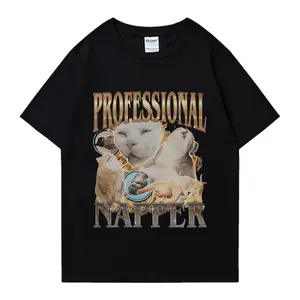 Professional Napper Funny Cat Meme Vintage T-shirt Men Summer Casual Cotton Oversized T shirt High Quality T Shirts Streetwear Top Black