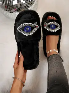 Women's New Faux Fur Home Slippers, Fashionable Rhinestone Design, Soft Plush, One-Piece Easy Wear, Fall & Winter Comfort