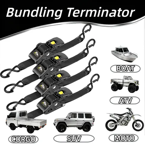 2 In Retractable Ratchet Straps, Heavy-Duty 2-Piece Set with Locking S-Hooks, Adjustable No-Tangle Cargo Securer for Kayaking, Securing Cargo on Boats, Motorcycles, Pickup Beds
