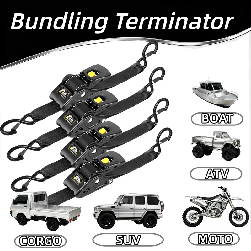 2 In Retractable Ratchet Straps, Heavy-Duty 2-Piece Set with Locking S-Hooks, Adjustable No-Tangle Cargo Securer for Kayaking, Securing Cargo on Boats, Motorcycles, Pickup Beds