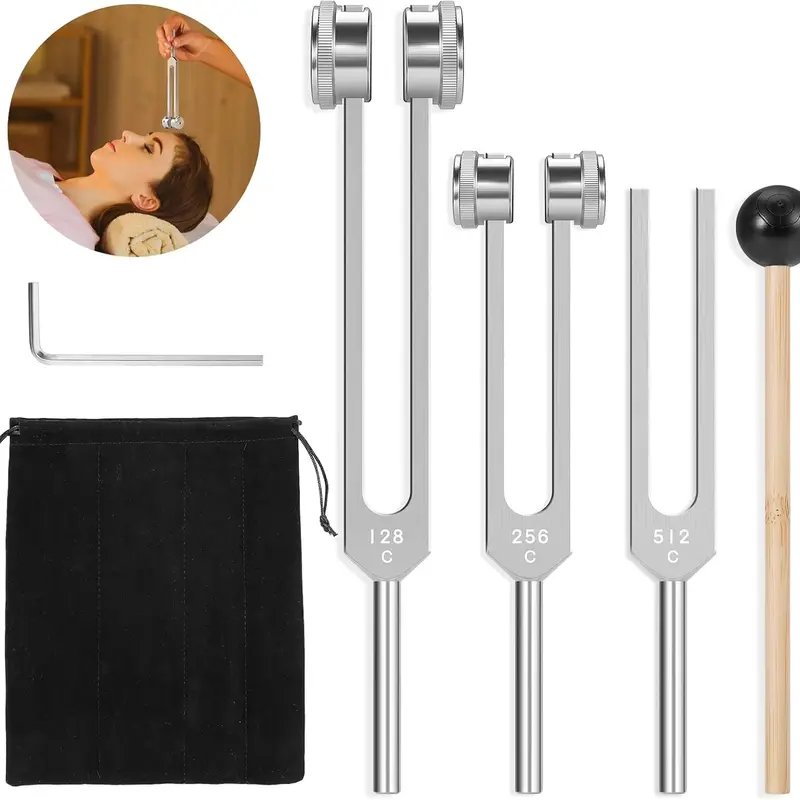 Healing Resonance Aluminum Tuning Forks Set - Weighted & Unweighted (128Hz,256Hz,512Hz) with Hockey Puck Activator, Vegan Leather Pouch, Perfect 5th Tool for Meditation, At-Home Practice, Cool Gifts for Adults, Emotional Trauma Support, Calming Anxiety