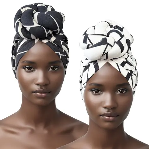 Women's 2-Pack Printed Knotted Turban Hat, Luxury Casual Bandana Head Scarves for All Seasons Everyday Wear