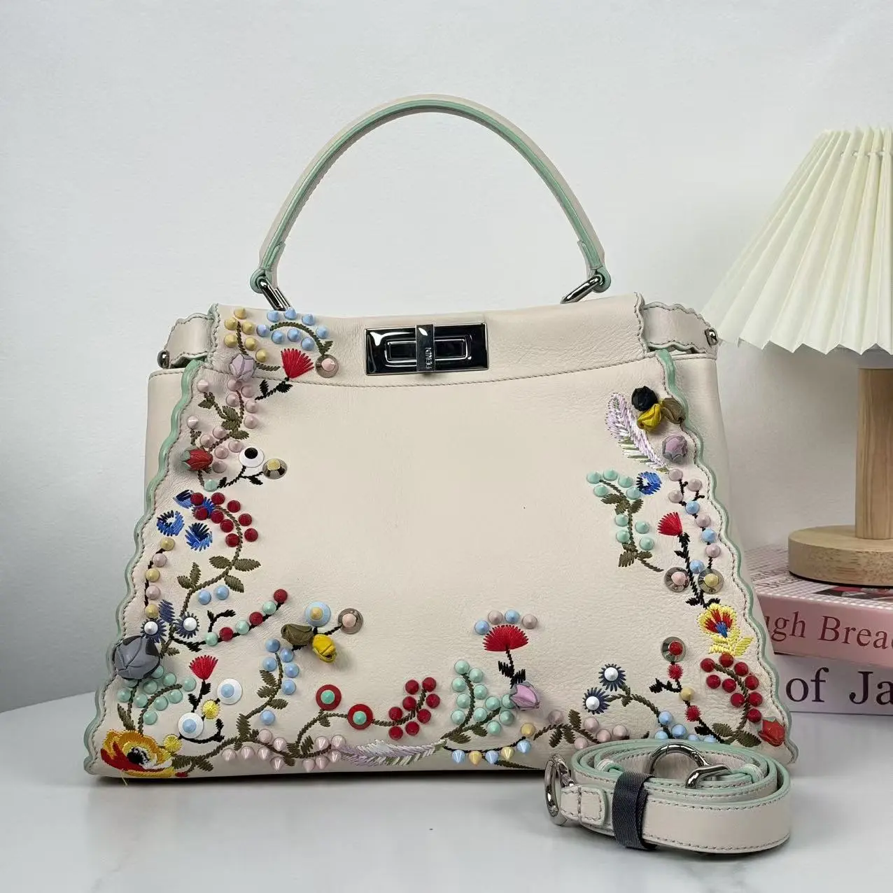 Pre-owned FENDI Peekaboo Large Floral Embroidered Selleria Bag