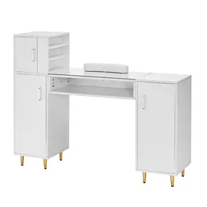 summervibes VEVOR Manicure Table, Glass Top Nail Desk, Makeup Dressing Nail Station with Storage Cabinets, Acetone-Resistant Nail Tech Table for Beauty Salon Spa Workstation with 8 Metal Legs, Wrist Rest, White, Makeup Vanity Desk